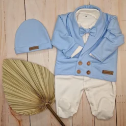 3 cz nowoczesny garniturek do chrztu, komplet z pajacykiem elegancki 50-68 baby blue
