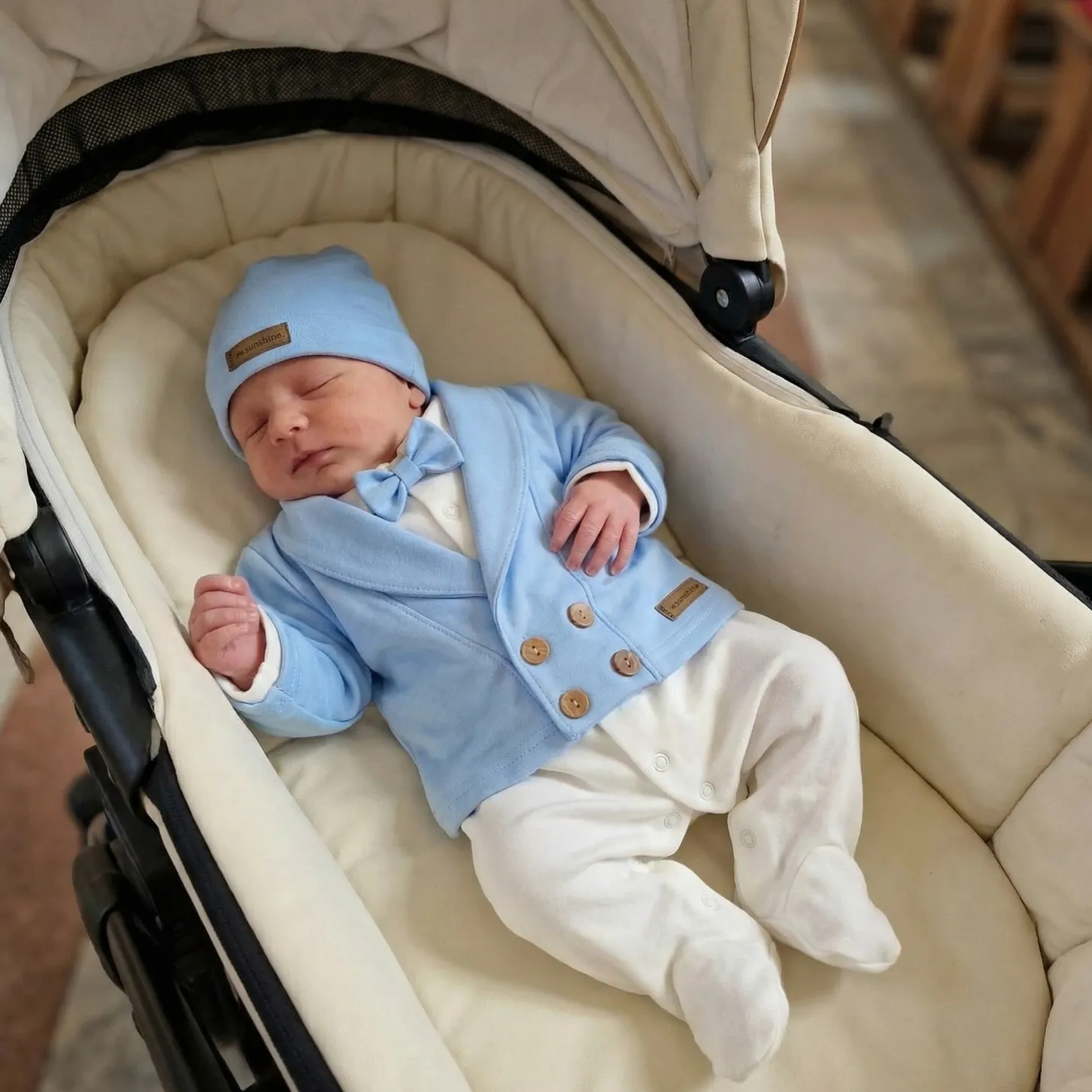 3 cz nowoczesny garniturek do chrztu, komplet z pajacykiem elegancki 50-68 baby blue