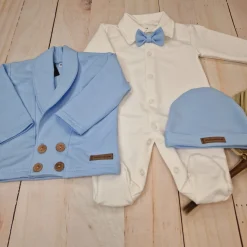 3 cz nowoczesny garniturek do chrztu, komplet z pajacykiem elegancki 50-68 baby blue