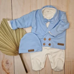 3 cz nowoczesny garniturek do chrztu, komplet z pajacykiem elegancki 50-68 baby blue