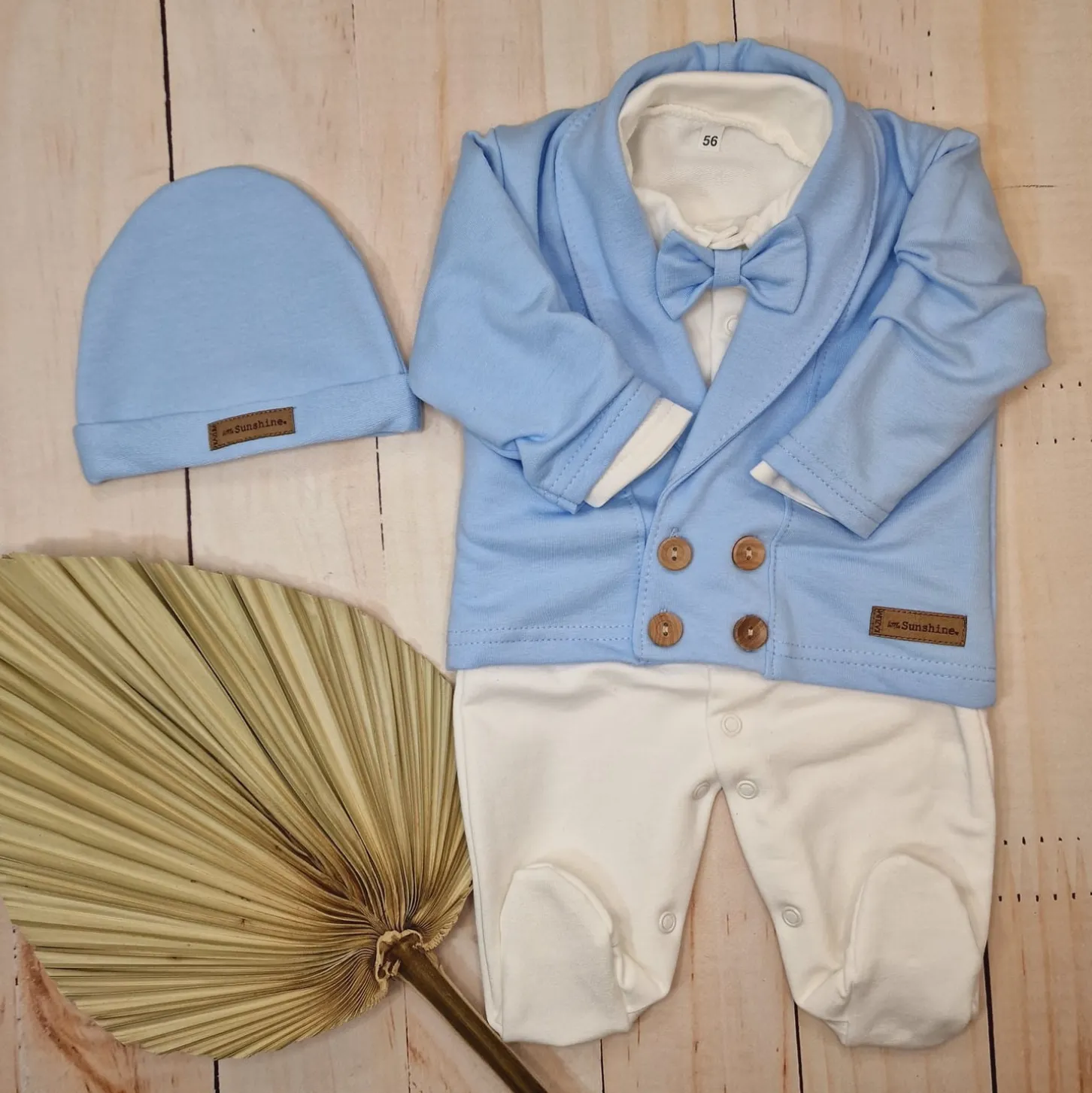 3 cz nowoczesny garniturek do chrztu, komplet z pajacykiem elegancki 50-68 baby blue