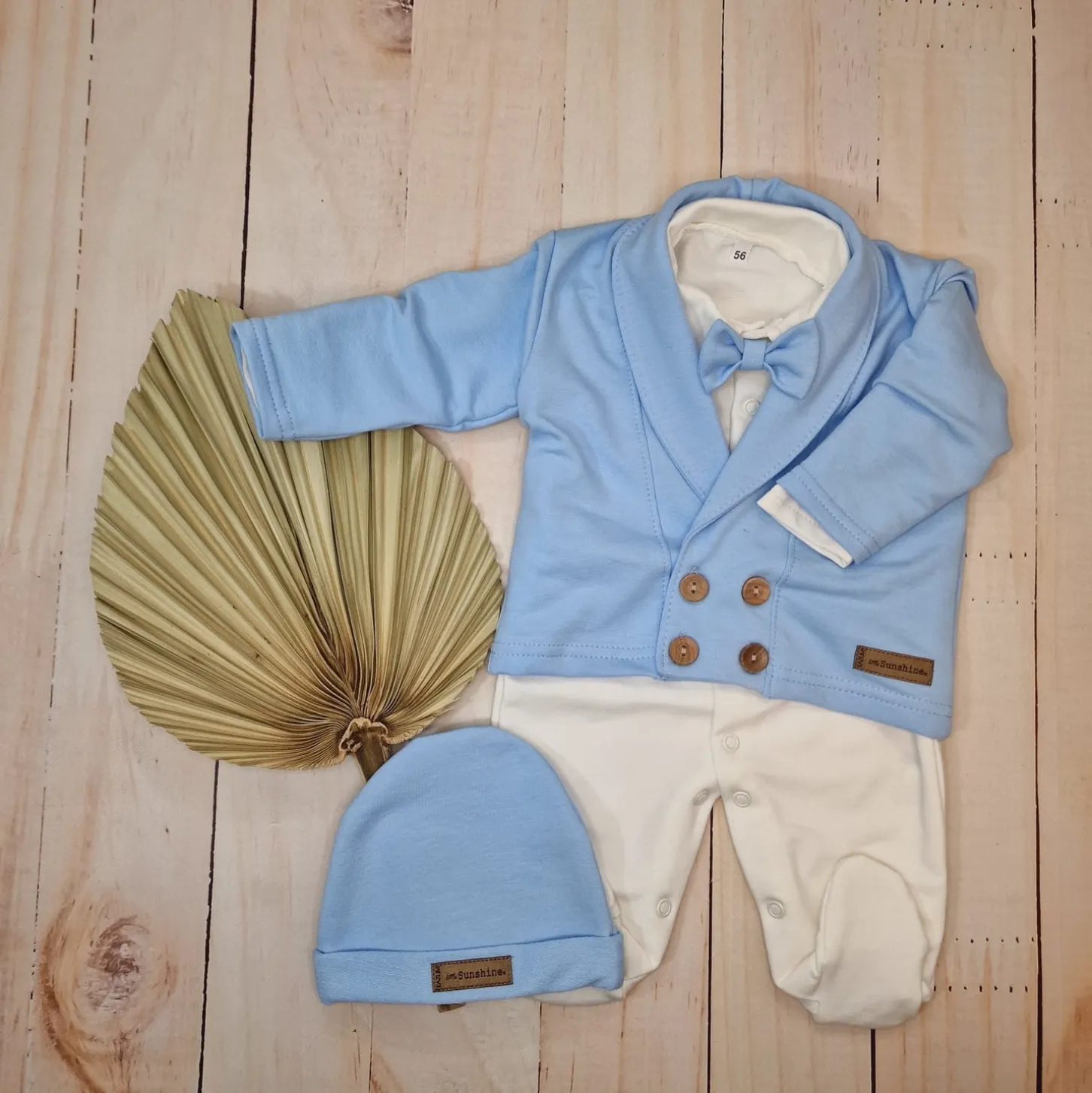 3 cz nowoczesny garniturek do chrztu, komplet z pajacykiem elegancki 50-68 baby blue