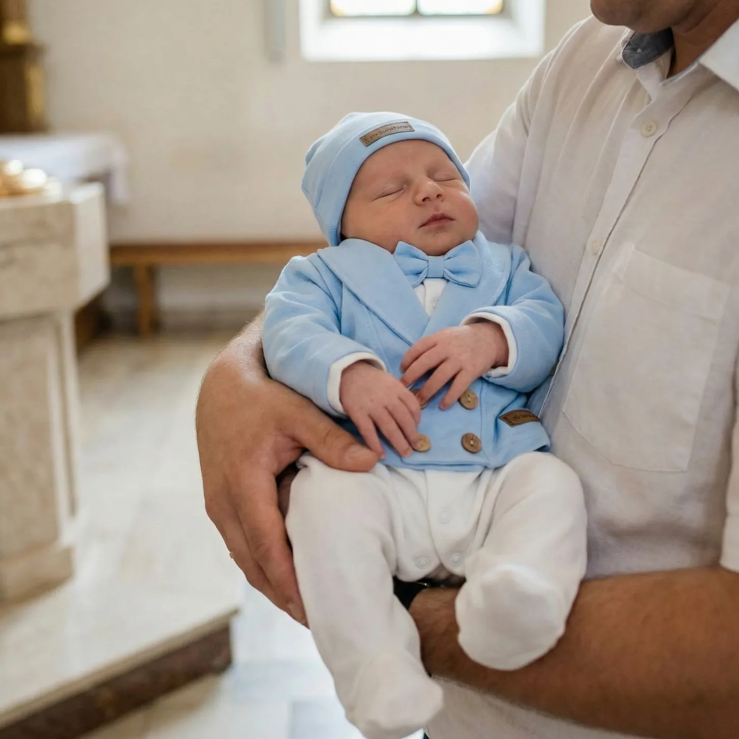 3 cz nowoczesny garniturek do chrztu, komplet z pajacykiem elegancki 50-68 baby blue