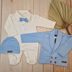 3 cz nowoczesny garniturek do chrztu, komplet z pajacykiem elegancki 50-68 baby blue