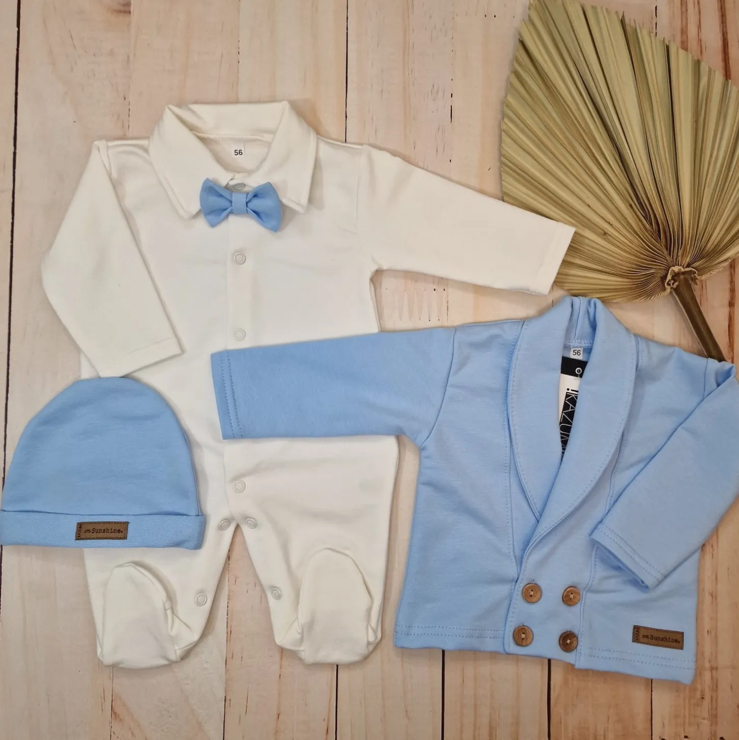 3 cz nowoczesny garniturek do chrztu, komplet z pajacykiem elegancki 50-68 baby blue