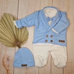 3 cz nowoczesny garniturek do chrztu, komplet z pajacykiem elegancki 50-68 baby blue