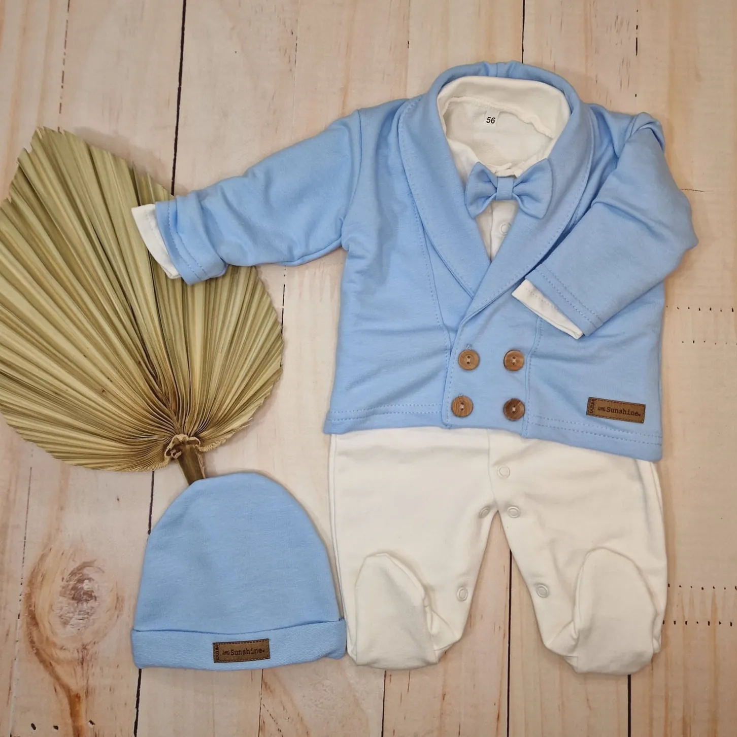3 cz nowoczesny garniturek do chrztu, komplet z pajacykiem elegancki 50-68 baby blue