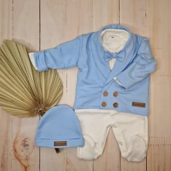 3 cz nowoczesny garniturek do chrztu, komplet z pajacykiem elegancki 50-68 baby blue