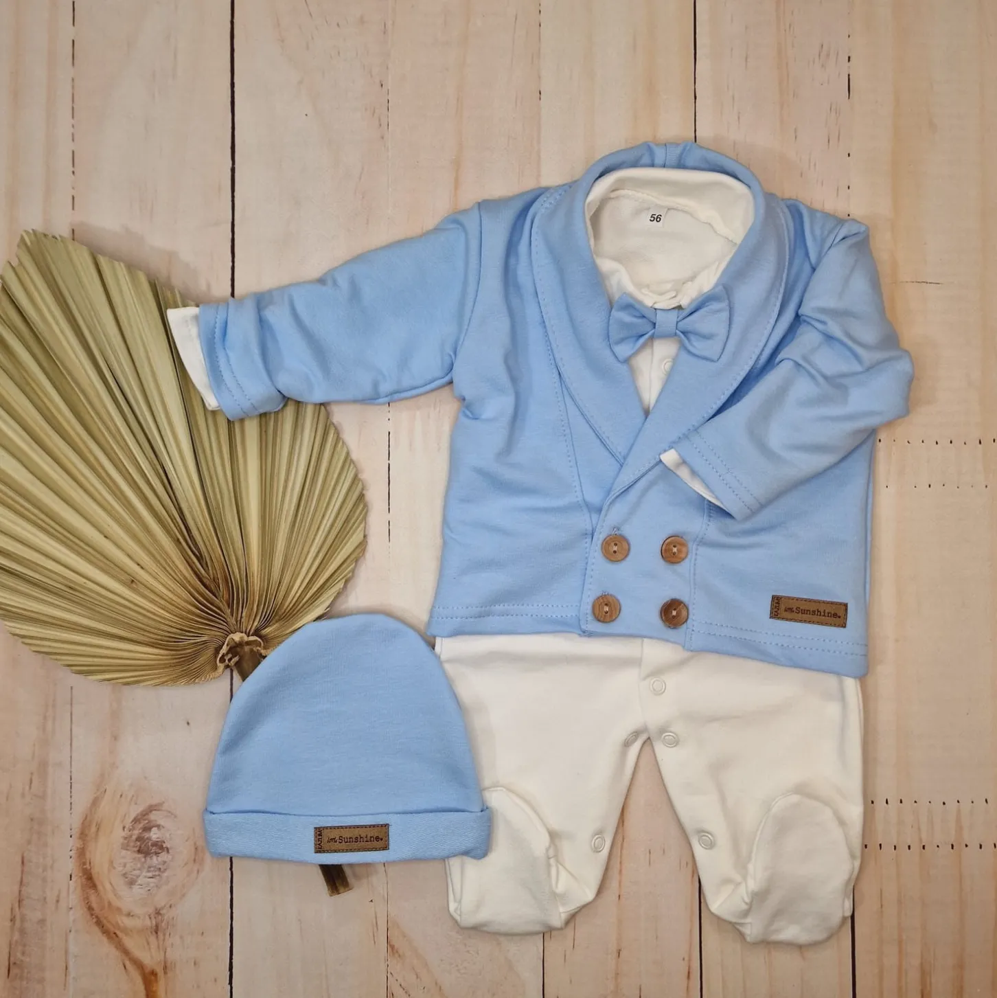 3 cz nowoczesny garniturek do chrztu, komplet z pajacykiem elegancki 50-68 baby blue