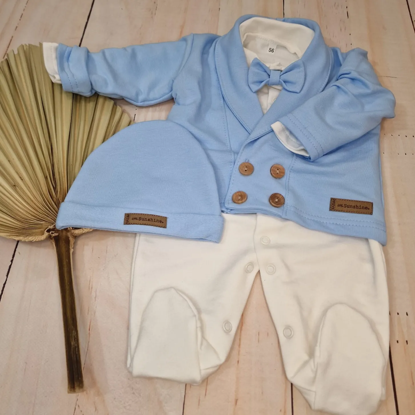 3 cz nowoczesny garniturek do chrztu, komplet z pajacykiem elegancki 50-68 baby blue