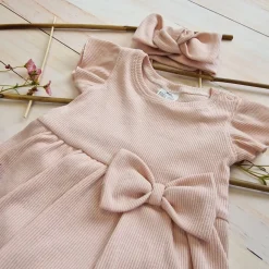 2 cz zestaw komplet bodosukienka prążkowana sukienka+opaska 56-86 powder pink