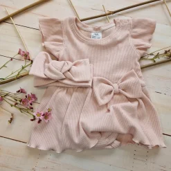 2 cz zestaw komplet bodosukienka prążkowana sukienka+opaska 56-86 powder pink