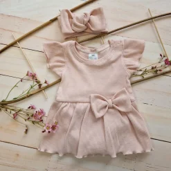 2 cz zestaw komplet bodosukienka prążkowana sukienka+opaska 56-86 powder pink