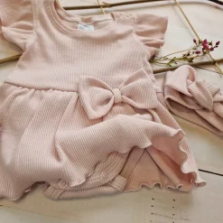 2 cz zestaw komplet bodosukienka prążkowana sukienka+opaska 56-86 powder pink