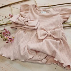 2 cz zestaw komplet bodosukienka prążkowana sukienka+opaska 56-86 powder pink