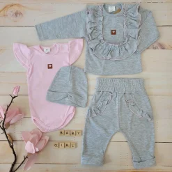4cz zestaw komplet body+spodnie+czapka+ bluzeczka szary ostatnie sztuki 56