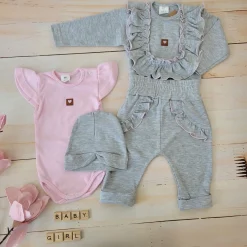 4cz zestaw komplet body+spodnie+czapka+ bluzeczka szary ostatnie sztuki 56