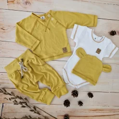4cz zestaw komplet body+spodnie+czapka+ bluzeczka musztarda ostatnie sztuki 56, 68, 74
