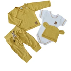 4cz zestaw komplet body+spodnie+czapka+ bluzeczka musztarda ostatnie sztuki 56, 68, 74