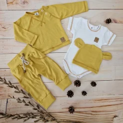 4cz zestaw komplet body+spodnie+czapka+ bluzeczka musztarda ostatnie sztuki 56, 68, 74