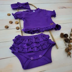3cz zestaw komplet lato bluzeczka +bloomersy+opaska z falbankami 56-86 fioletowy ostatnie sztuki