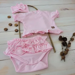 3cz zestaw komplet lato bluzeczka +bloomersy+opaska z falbankami 56-86 różowy ostatnie sztuki