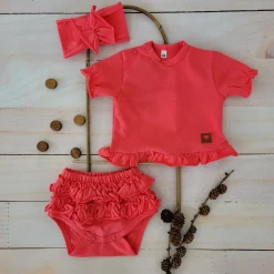 3cz zestaw komplet lato bluzeczka +bloomersy+opaska z falbankami malinowy ostatnie sztuki 56-80