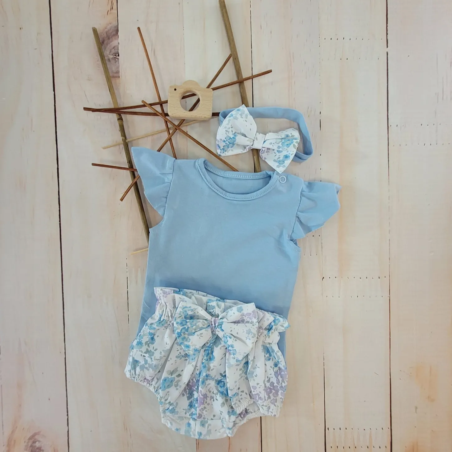 3cz zestaw komplet lato body+bloomersy+opaska błękit ostatnie sztuki 56, 68, 68