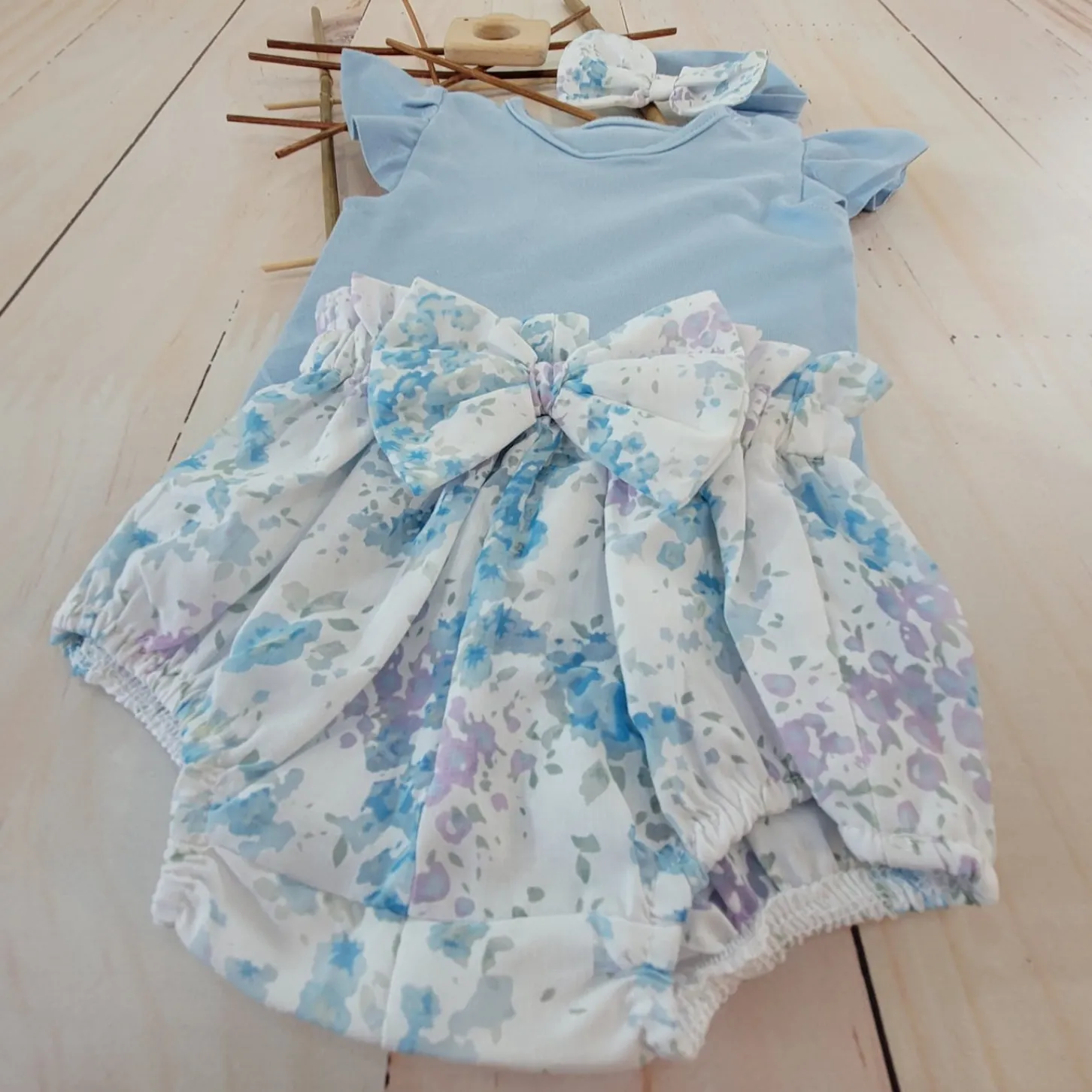 3cz zestaw komplet lato body+bloomersy+opaska błękit ostatnie sztuki 56, 68, 68