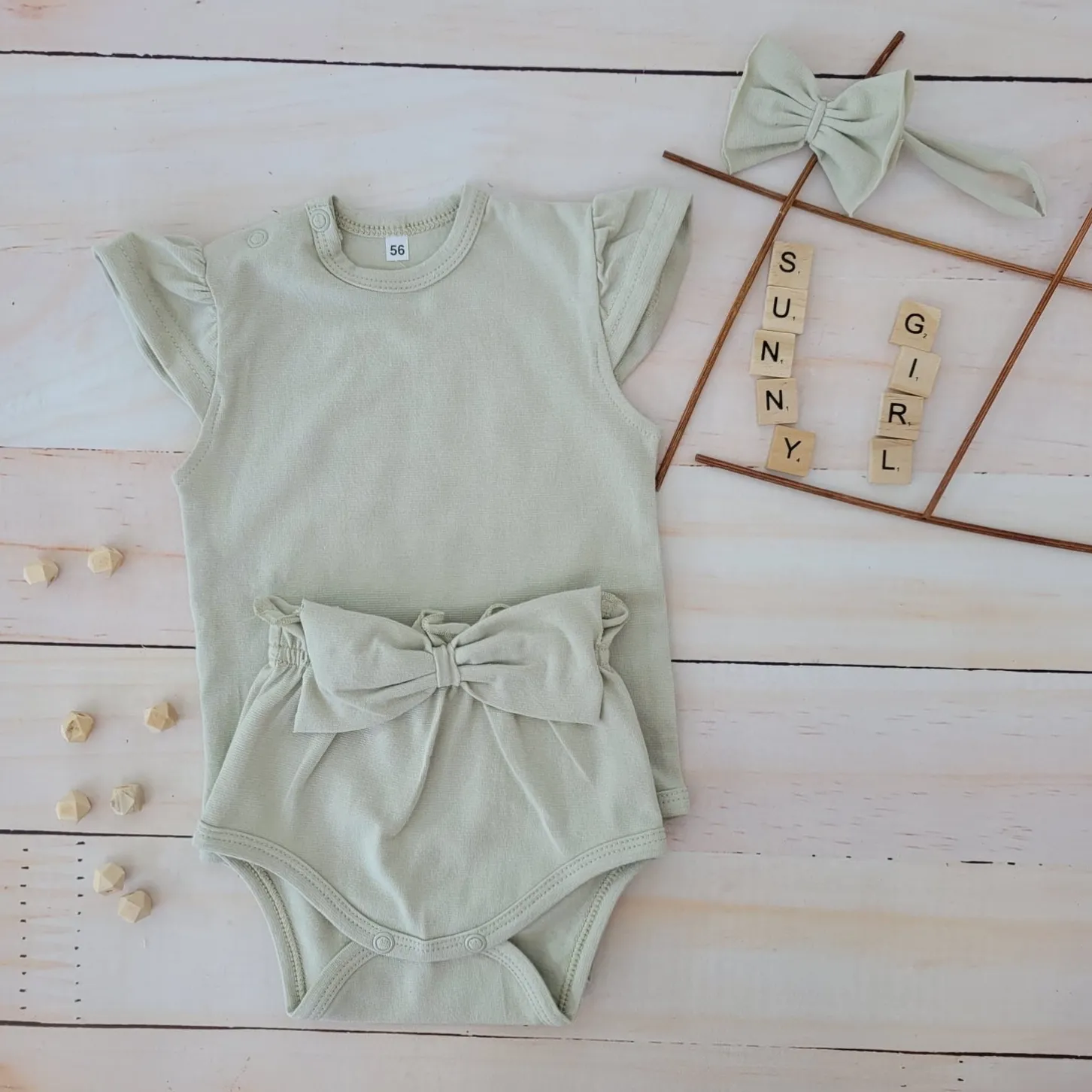 3cz zestaw komplet lato body+bloomersy+opaska z kokardą 56-86 oliwkowy