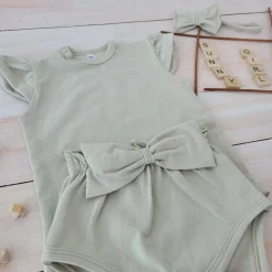 3cz zestaw komplet lato body+bloomersy+opaska z kokardą 56-86 oliwkowy
