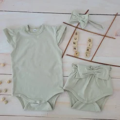 3cz zestaw komplet lato body+bloomersy+opaska z kokardą 56-86 oliwkowy