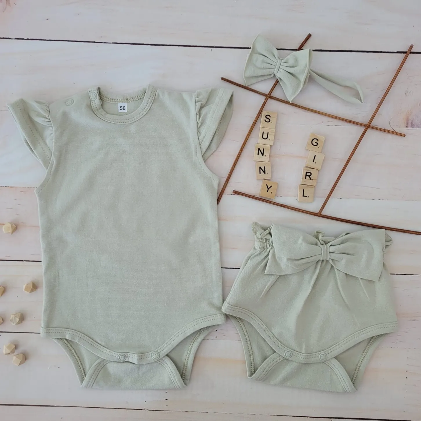 3cz zestaw komplet lato body+bloomersy+opaska z kokardą 56-86 oliwkowy
