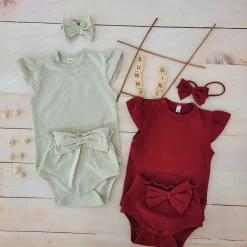 3cz zestaw komplet lato body+bloomersy+opaska z kokardą 56-86 oliwkowy