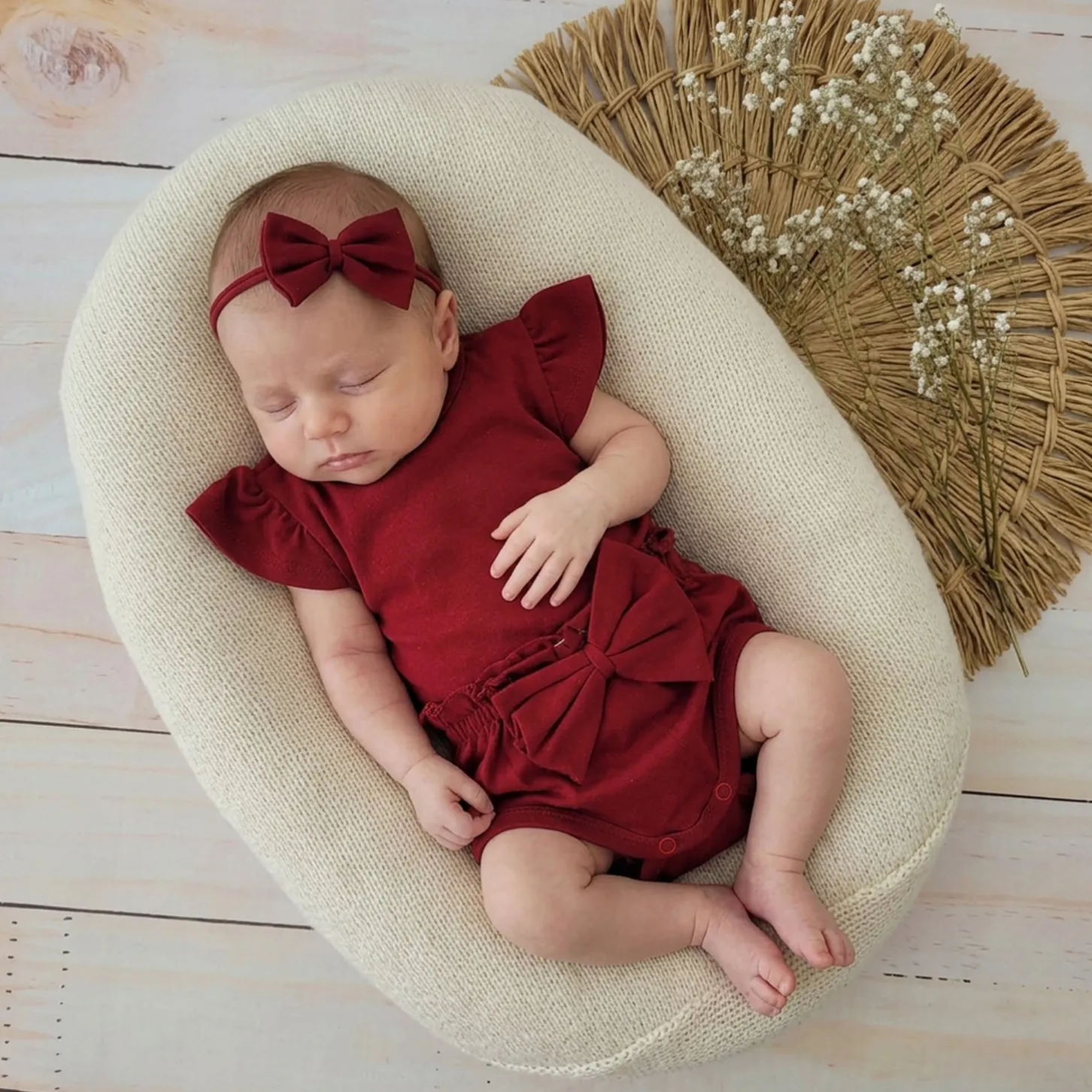 3cz zestaw komplet lato body+bloomersy+opaska z kokardą 56-86 bordowy