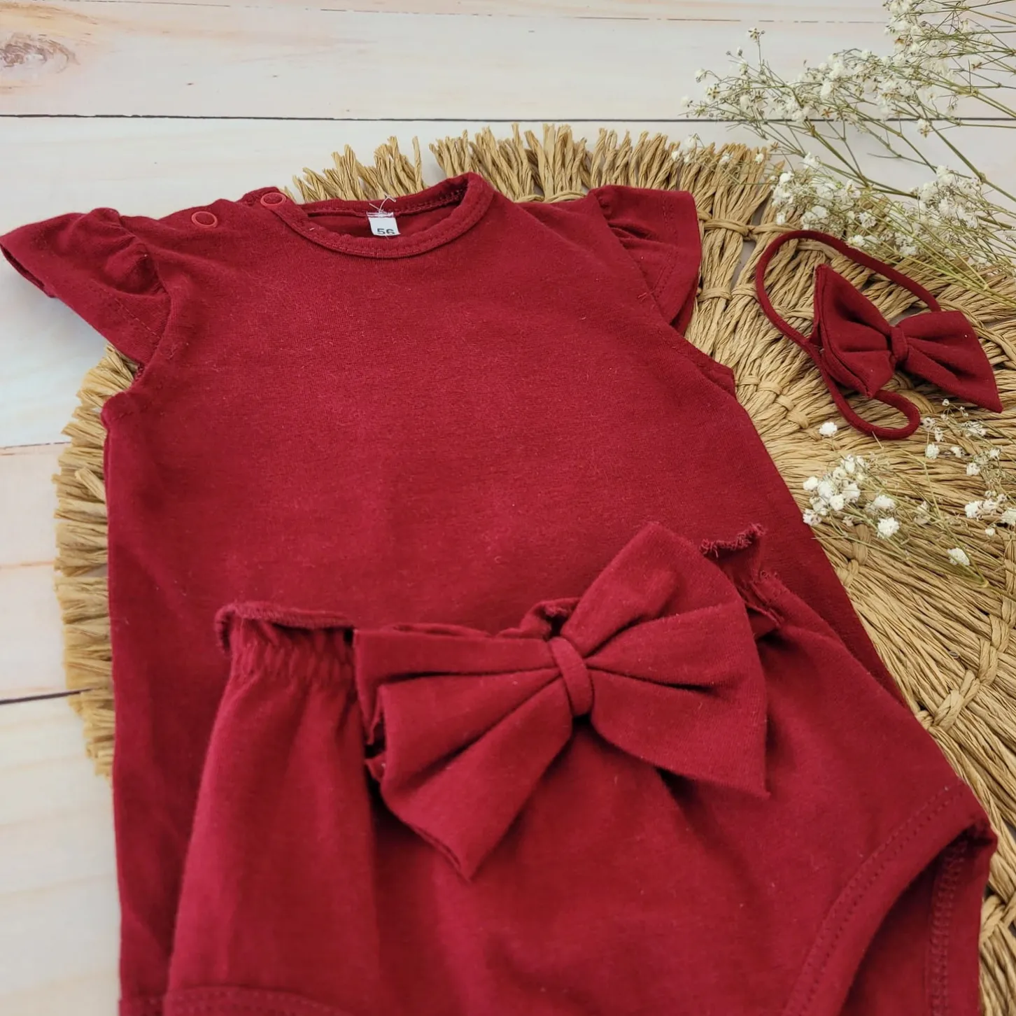 3cz zestaw komplet lato body+bloomersy+opaska z kokardą 56-86 bordowy
