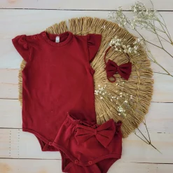 3cz zestaw komplet lato body+bloomersy+opaska z kokardą 56-86 bordowy