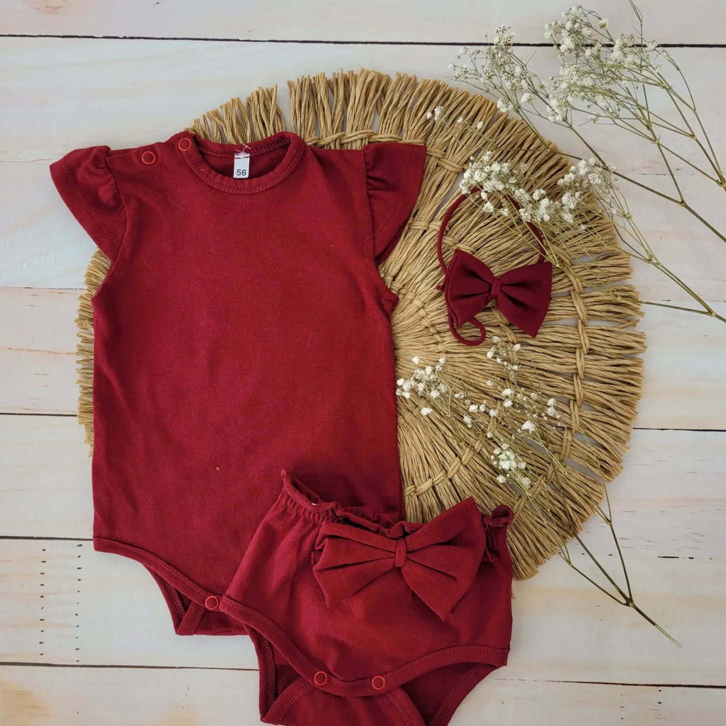 3cz zestaw komplet lato body+bloomersy+opaska z kokardą 56-86 bordowy