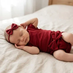 3cz zestaw komplet lato body+bloomersy+opaska z kokardą 56-86 bordowy