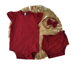 3cz zestaw komplet lato body+bloomersy+opaska z kokardą 56-86 bordowy