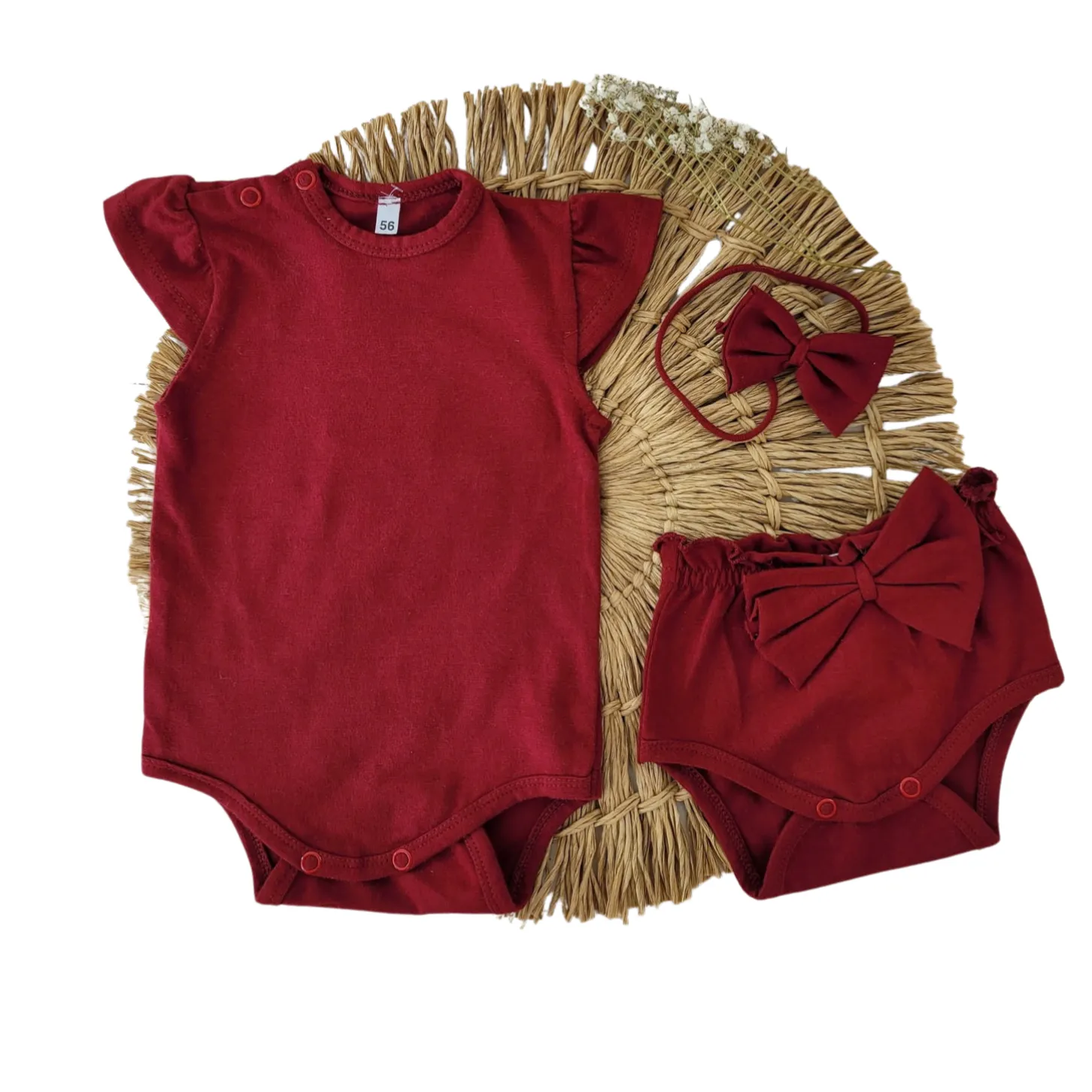3cz zestaw komplet lato body+bloomersy+opaska z kokardą 56-86 bordowy