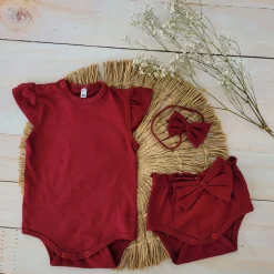 3cz zestaw komplet lato body+bloomersy+opaska z kokardą 56-86 bordowy