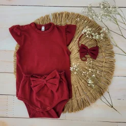 3cz zestaw komplet lato body+bloomersy+opaska z kokardą 56-86 bordowy