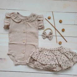 3 cz zestaw komplet lato body+bloomersy ze spódniczką +opaska cloud beige