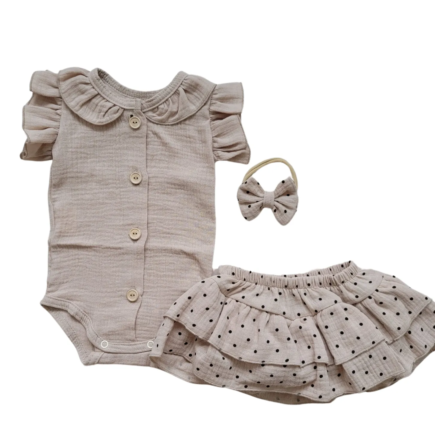 3 cz zestaw komplet lato body+bloomersy ze spódniczką +opaska cloud beige