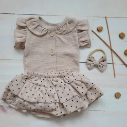 3 cz zestaw komplet lato body+bloomersy ze spódniczką +opaska cloud beige