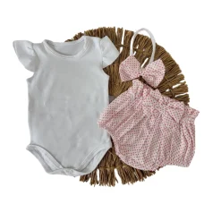 3cz zestaw komplet lato body+bloomersy+opaska biało-różowy ostatnie sztuki 56-86