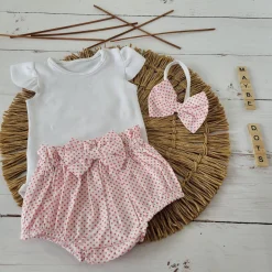 3cz zestaw komplet lato body+bloomersy+opaska biało-różowy ostatnie sztuki 56-86