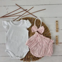 3cz zestaw komplet lato body+bloomersy+opaska biało-różowy ostatnie sztuki 56-86