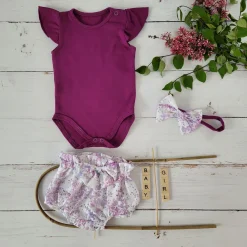 3cz zestaw komplet lato body+bloomersy+opaska śliwka ostatnie sztuki 56